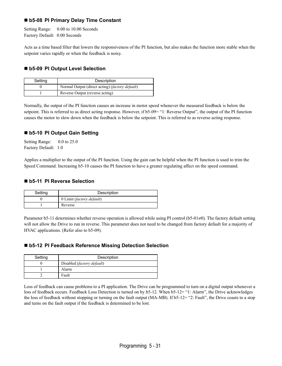 B5-08 pi primary delay time constant, B5-09 pi output level selection, B5-10 pi output gain setting | B5-11 pi reverse selection | Yaskawa E7L Drive Bypass User Manual | Page 123 / 302