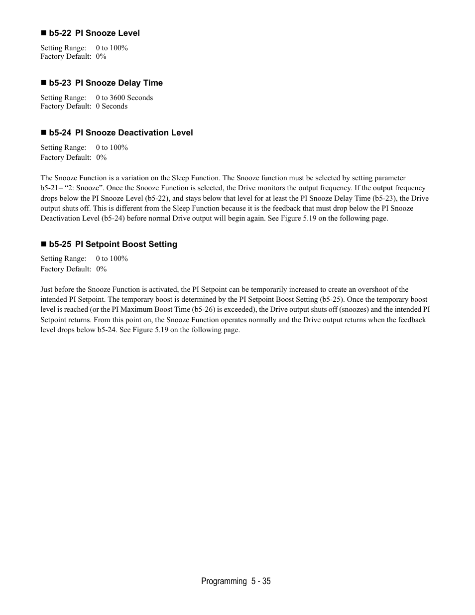 B5-22 pi snooze level, B5-23 pi snooze delay time, B5-24 pi snooze deactivation level | B5-25 pi setpoint boost setting | Yaskawa E7L Drive Bypass User Manual | Page 127 / 302