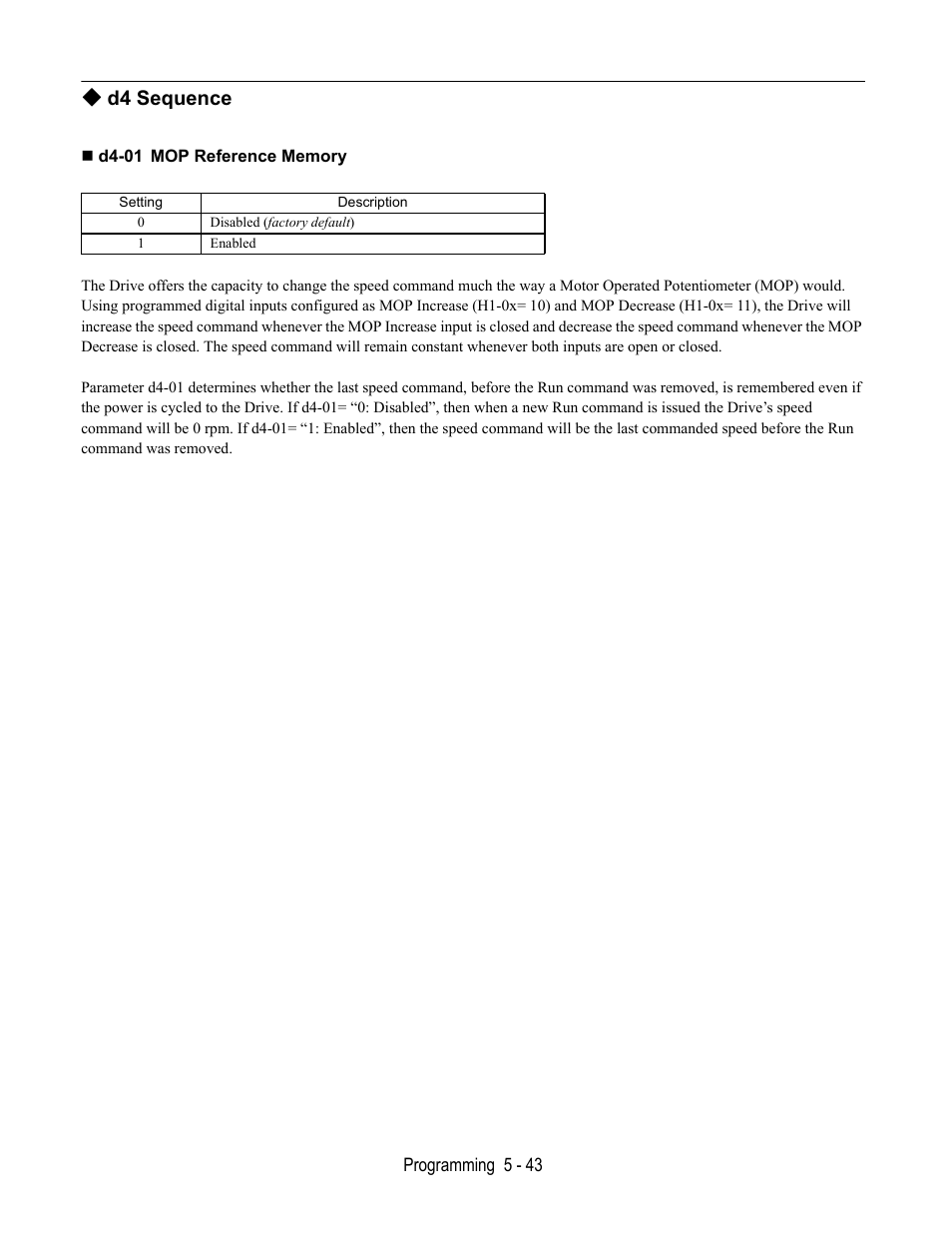 D4 sequence, D4-01 mop reference memory | Yaskawa E7L Drive Bypass User Manual | Page 135 / 302