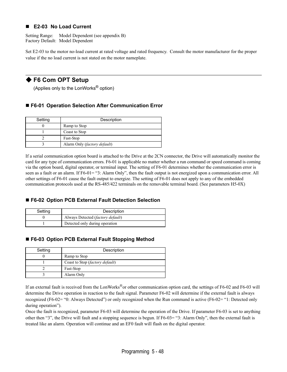 E2-03 no load current, F6-03 option pcb external fault stopping method, F6 com opt setup | Yaskawa E7L Drive Bypass User Manual | Page 140 / 302