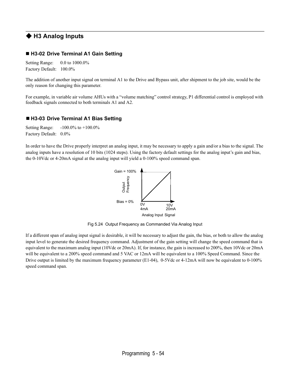 H3 analog inputs, H3-02 drive terminal a1 gain setting, H3-03 drive terminal a1 bias setting | Programming 5 - 54 | Yaskawa E7L Drive Bypass User Manual | Page 146 / 302
