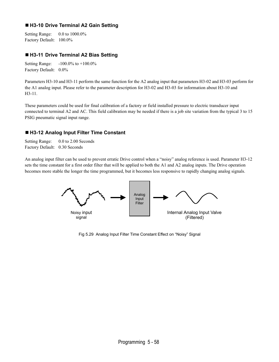H3-10 drive terminal a2 gain setting, H3-11 drive terminal a2 bias setting, H3-12 analog input filter time constant | Yaskawa E7L Drive Bypass User Manual | Page 150 / 302