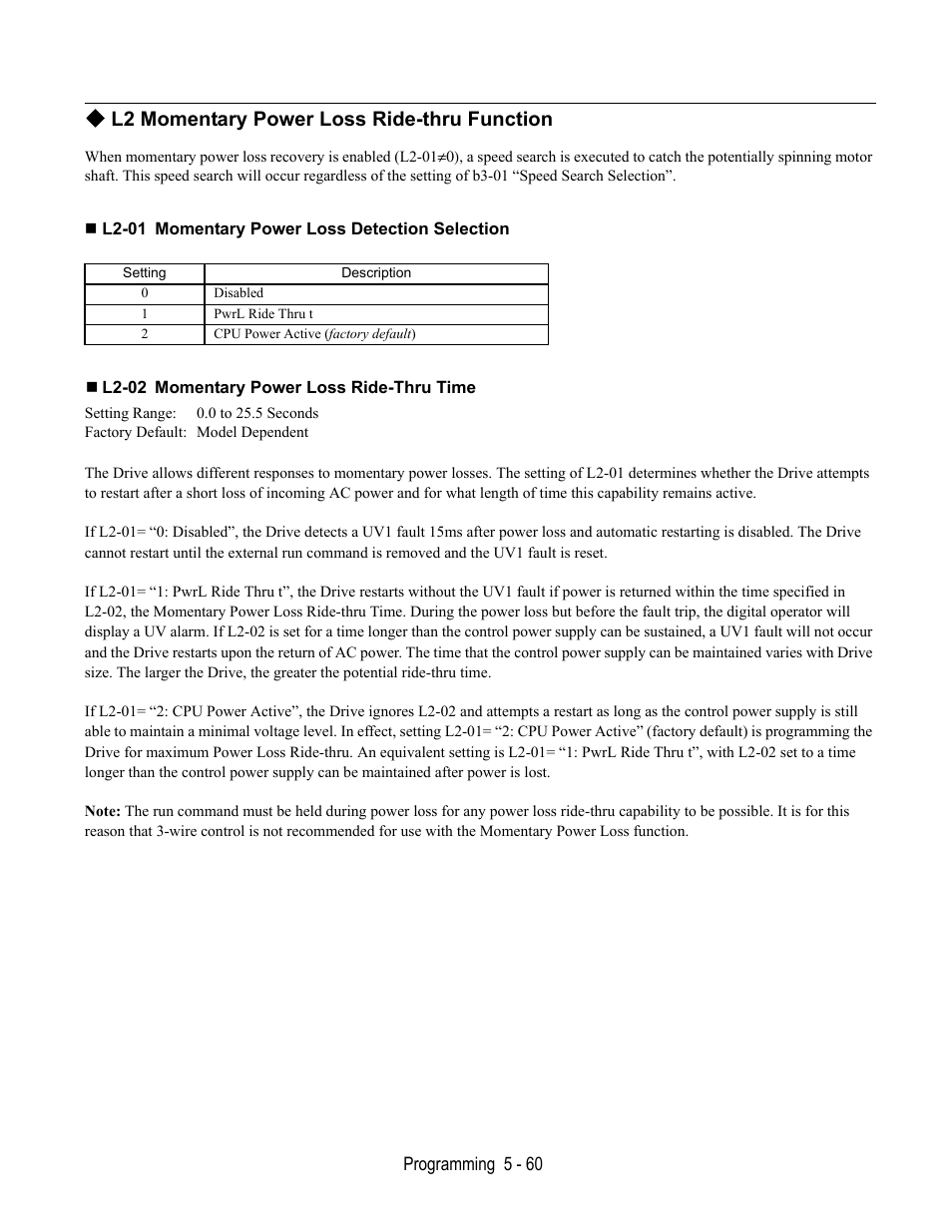 L2 momentary power loss ride-thru function, L2-01 momentary power loss detection selection, L2-02 momentary power loss ride-thru time | Yaskawa E7L Drive Bypass User Manual | Page 152 / 302