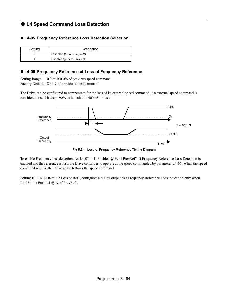 L4 speed command loss detection, L4-05 frequency reference loss detection selection | Yaskawa E7L Drive Bypass User Manual | Page 156 / 302