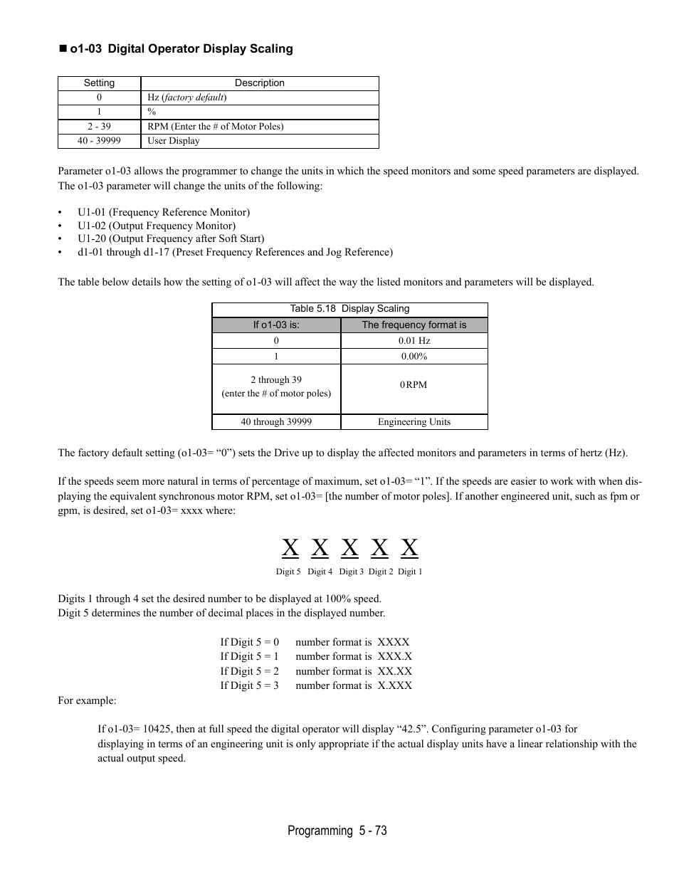 O1-03 digital operator display scaling | Yaskawa E7L Drive Bypass User Manual | Page 165 / 302