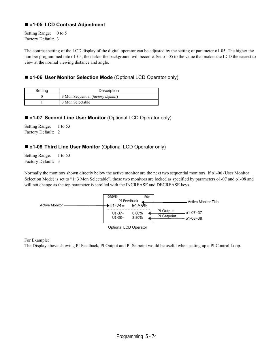 O1-05 lcd contrast adjustment, Programming 5 - 74 | Yaskawa E7L Drive Bypass User Manual | Page 166 / 302