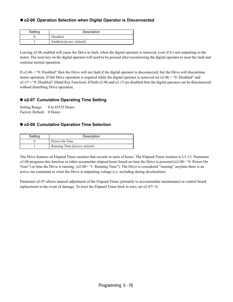 O2-07 cumulative operating time setting, O2-08 cumulative operation time selection | Yaskawa E7L Drive Bypass User Manual | Page 168 / 302