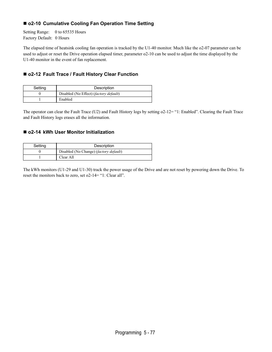 O2-12 fault trace / fault history clear function, O2-14 kwh user monitor initialization | Yaskawa E7L Drive Bypass User Manual | Page 169 / 302