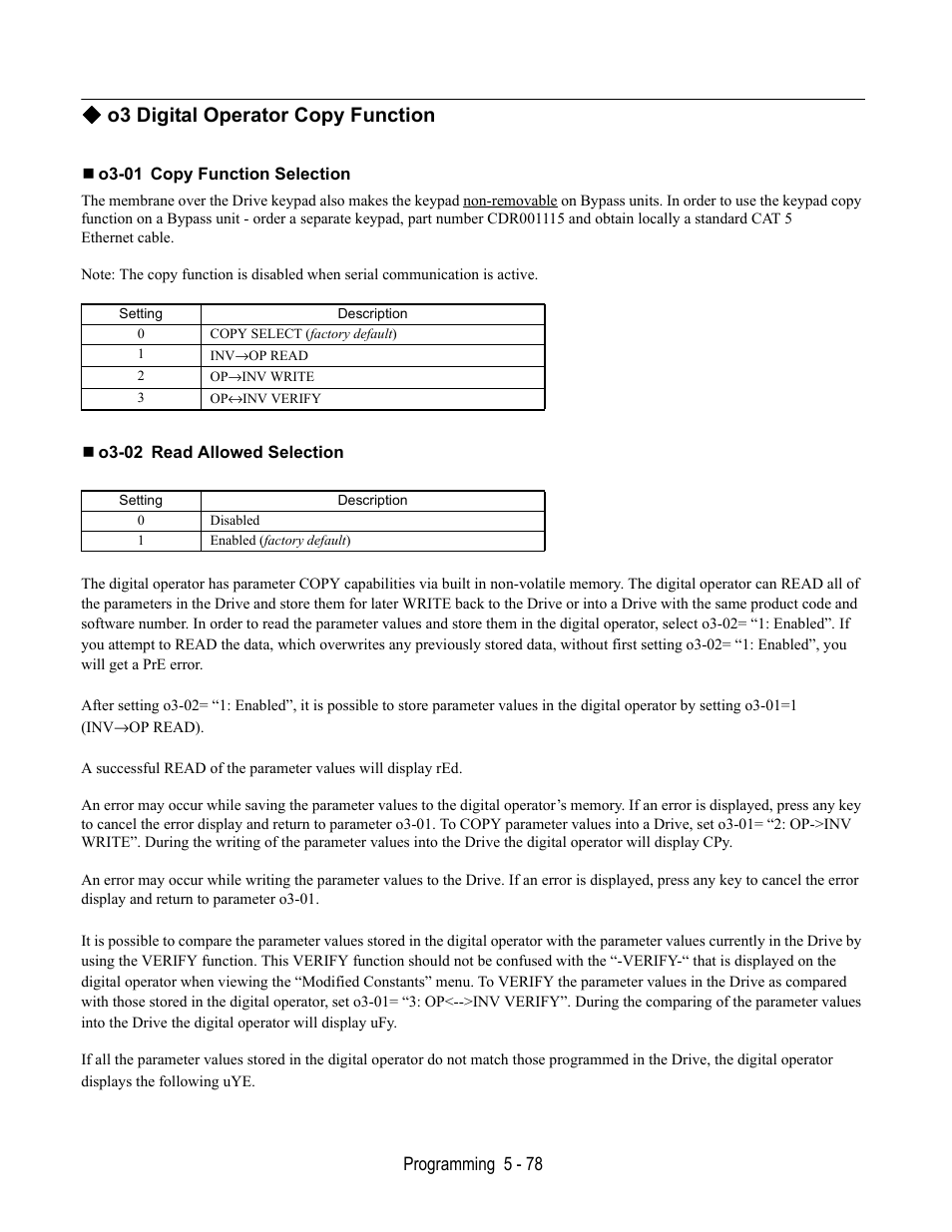 O3 digital operator copy function, O3-01 copy function selection, O3-02 read allowed selection | Yaskawa E7L Drive Bypass User Manual | Page 170 / 302