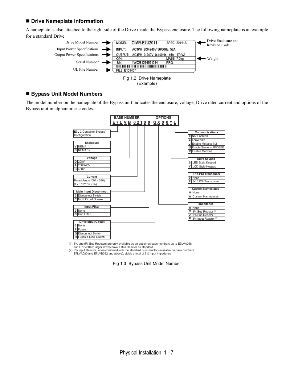 Drive nameplate information, Fig 1.2 drive nameplate (example), Bypass unit model numbers | Fig 1.3 bypass unit model number, Physical installation 1 - 7 | Yaskawa E7L Drive Bypass User Manual | Page 19 / 302