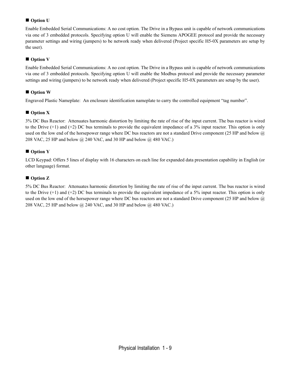 Option u, Option v, Option w | Option x, Option y, Option z | Yaskawa E7L Drive Bypass User Manual | Page 21 / 302