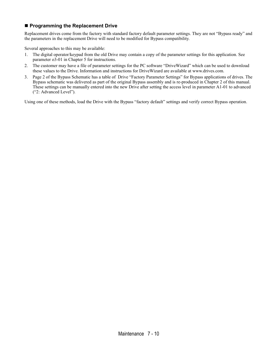 Programming the replacement drive | Yaskawa E7L Drive Bypass User Manual | Page 212 / 302