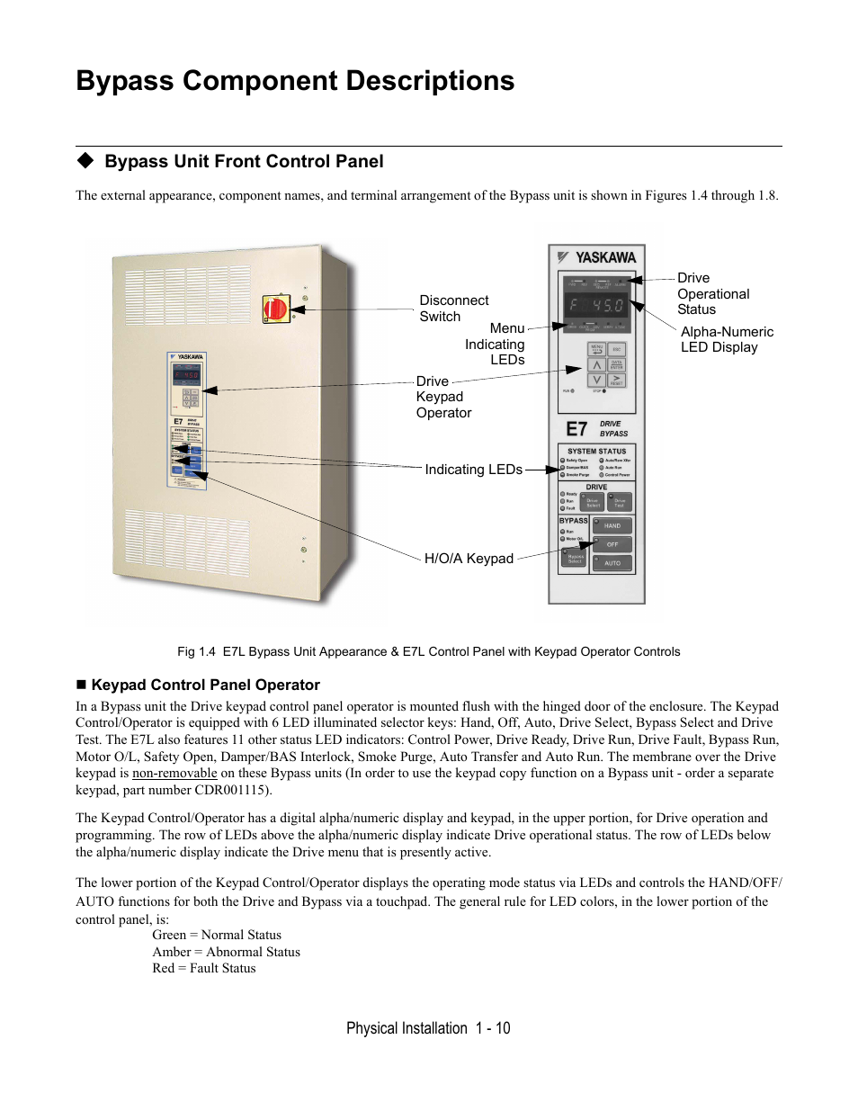 Bypass component descriptions, Bypass unit front control panel, Keypad control panel operator | Yaskawa E7L Drive Bypass User Manual | Page 22 / 302