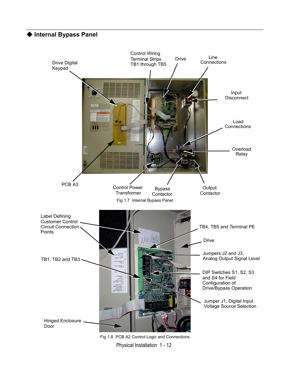 Internal bypass panel, Fig 1.7 internal bypass panel, Fig 1.8 pcb a2 control logic and connections | Yaskawa E7L Drive Bypass User Manual | Page 24 / 302