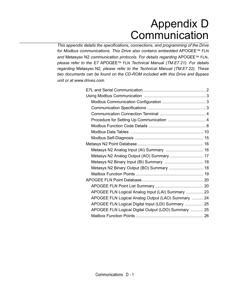 Appendix d communication | Yaskawa E7L Drive Bypass User Manual | Page 253 / 302