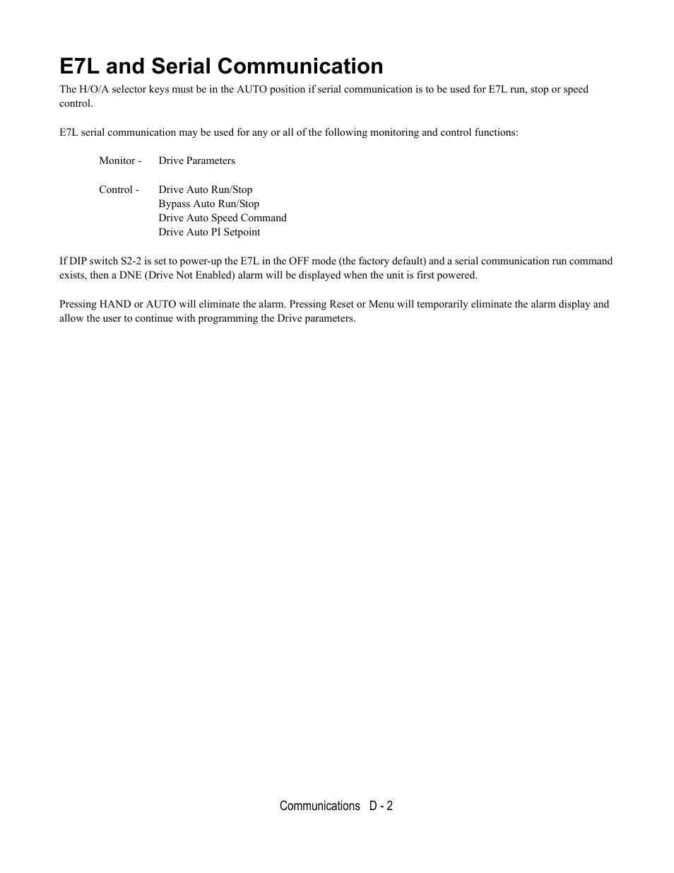 E7l and serial communication | Yaskawa E7L Drive Bypass User Manual | Page 254 / 302