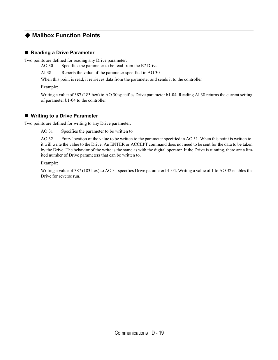Mailbox function points, Reading a drive parameter, Writing to a drive parameter | Yaskawa E7L Drive Bypass User Manual | Page 271 / 302