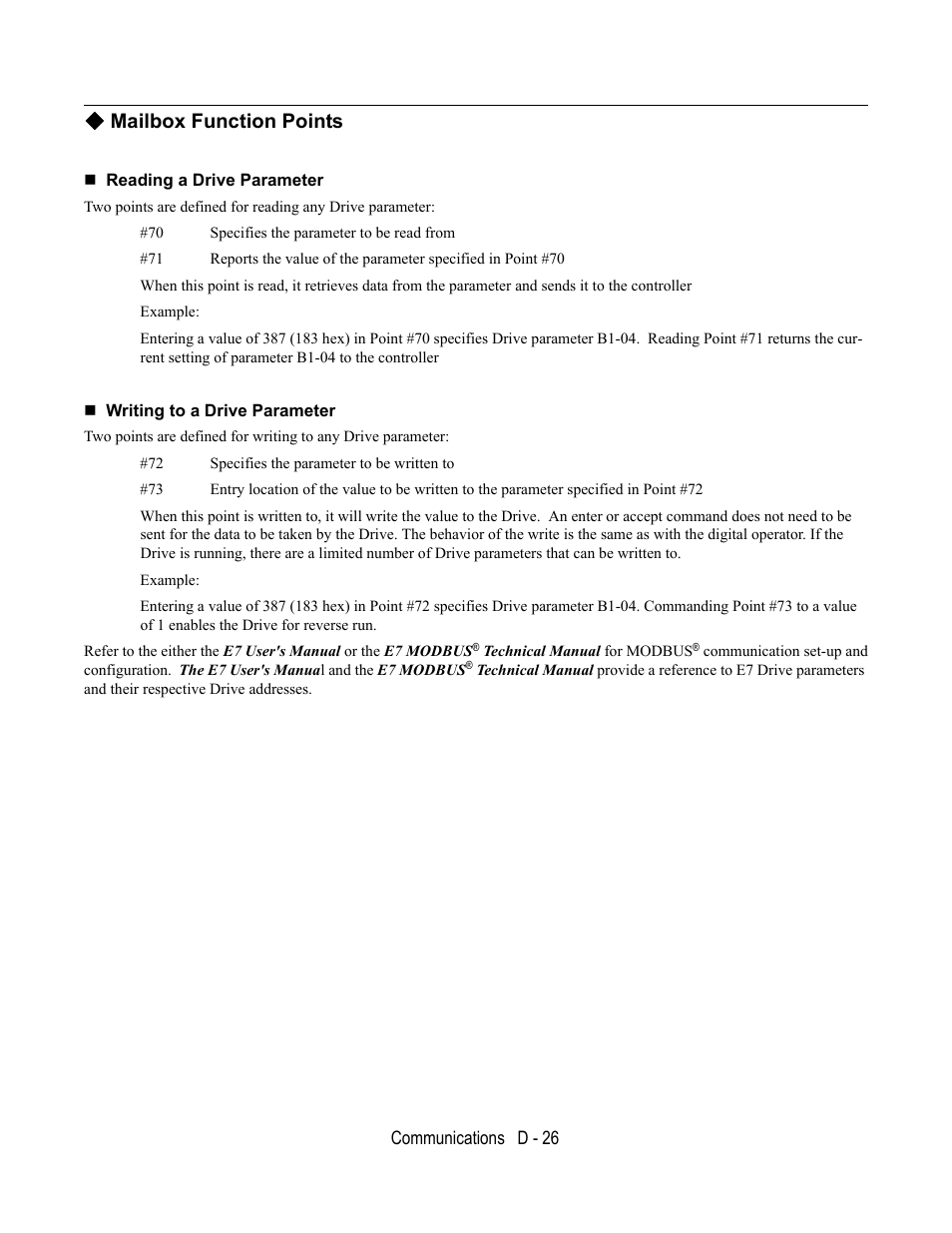 Mailbox function points, Reading a drive parameter, Writing to a drive parameter | Yaskawa E7L Drive Bypass User Manual | Page 278 / 302