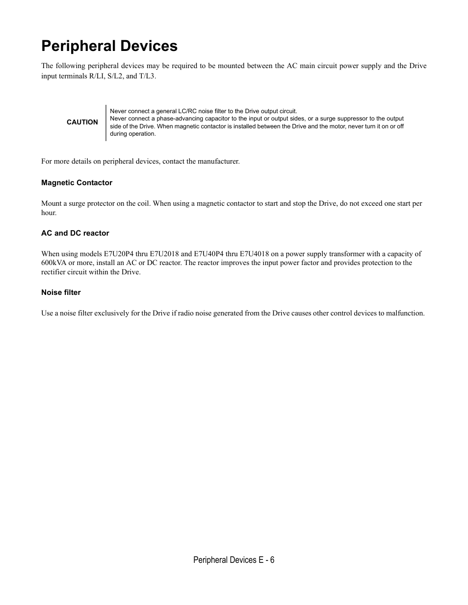 Peripheral devices, Magnetic contactor, Ac and dc reactor | Noise filter | Yaskawa E7L Drive Bypass User Manual | Page 284 / 302