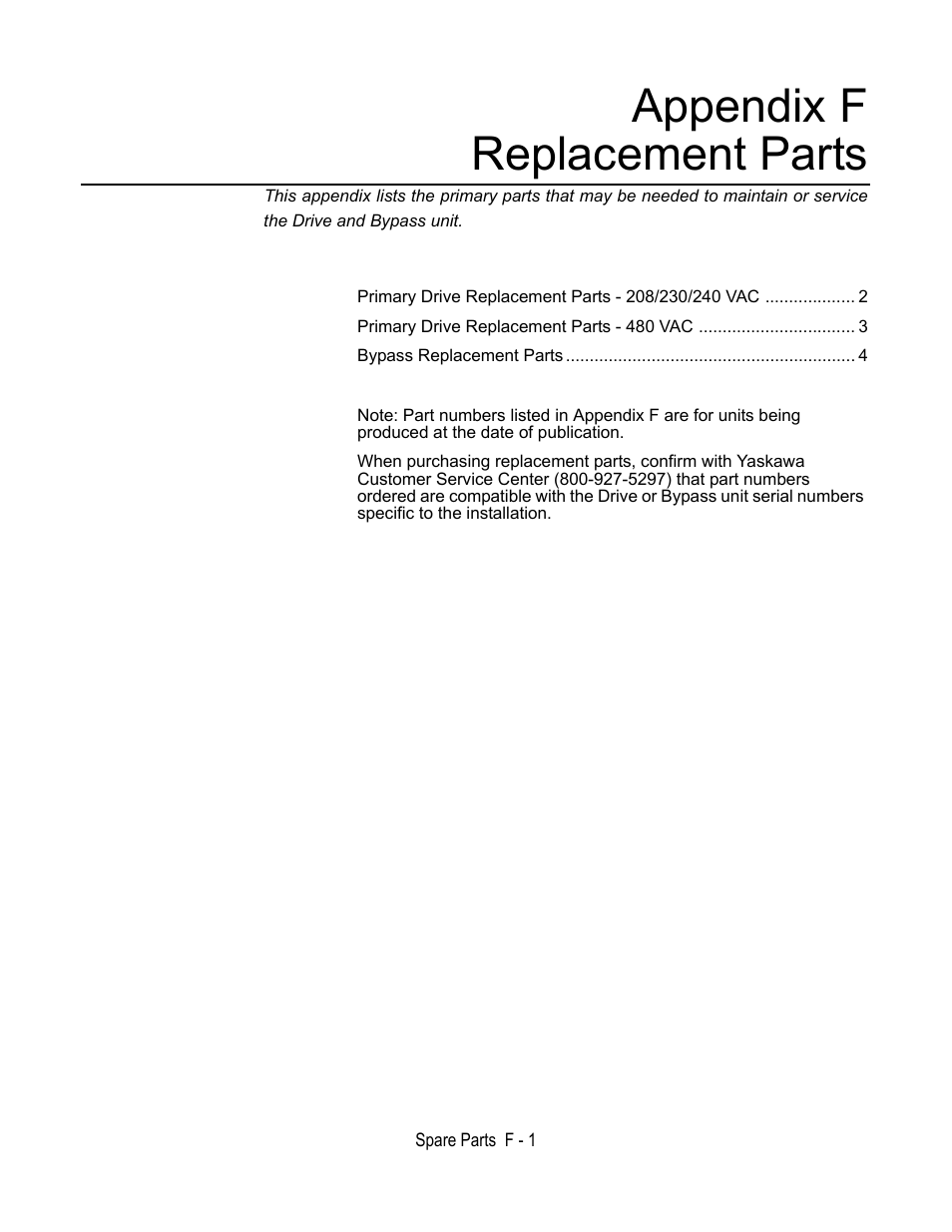 Appendix f replacement parts | Yaskawa E7L Drive Bypass User Manual | Page 285 / 302