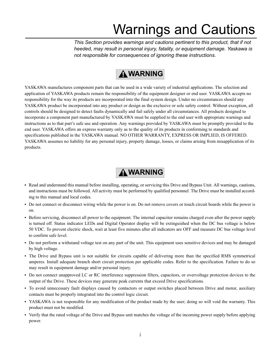 Warnings and cautions, Warning | Yaskawa E7L Drive Bypass User Manual | Page 3 / 302