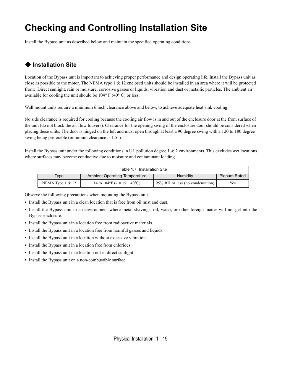 Checking and controlling installation site, Installation site, Table 1.7 installation site | Yaskawa E7L Drive Bypass User Manual | Page 31 / 302
