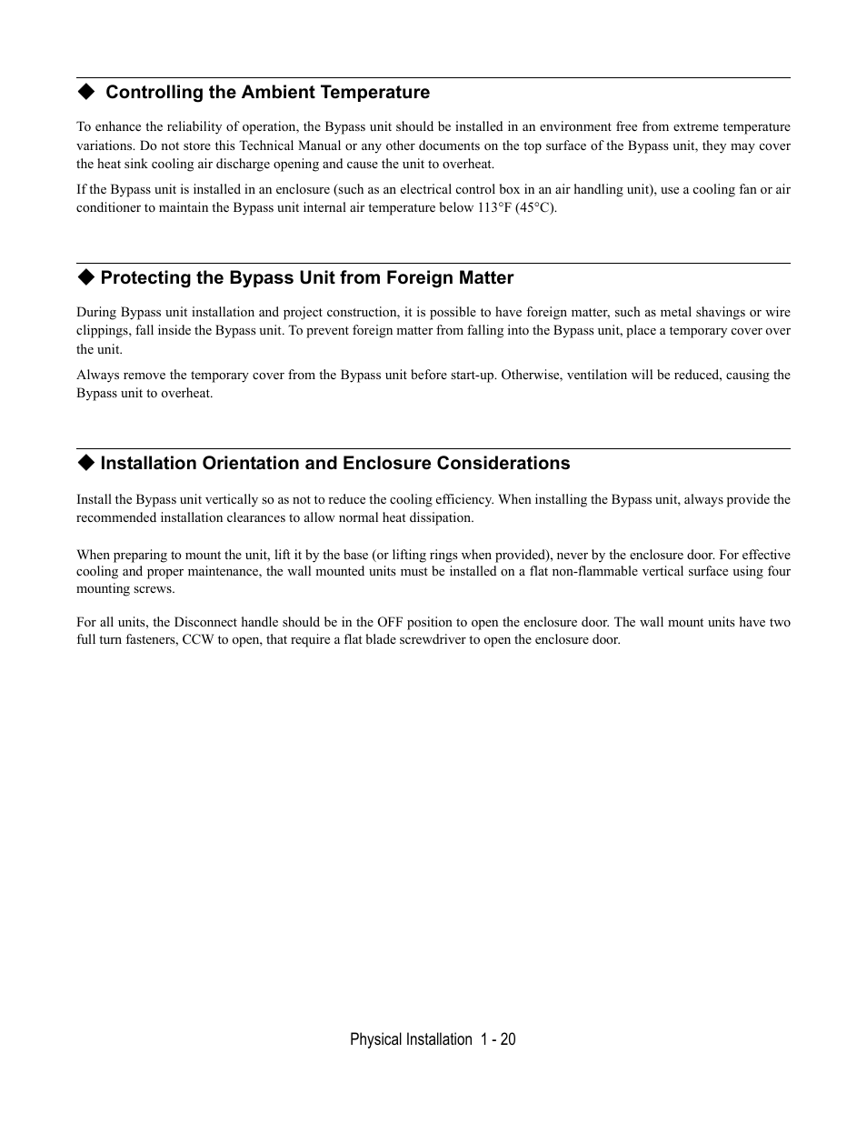Controlling the ambient temperature, Protecting the bypass unit from foreign matter | Yaskawa E7L Drive Bypass User Manual | Page 32 / 302