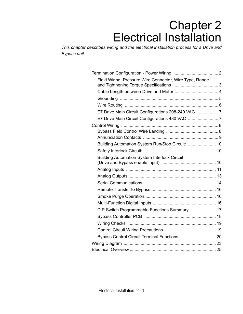 Chapter 2 electrical installation | Yaskawa E7L Drive Bypass User Manual | Page 33 / 302