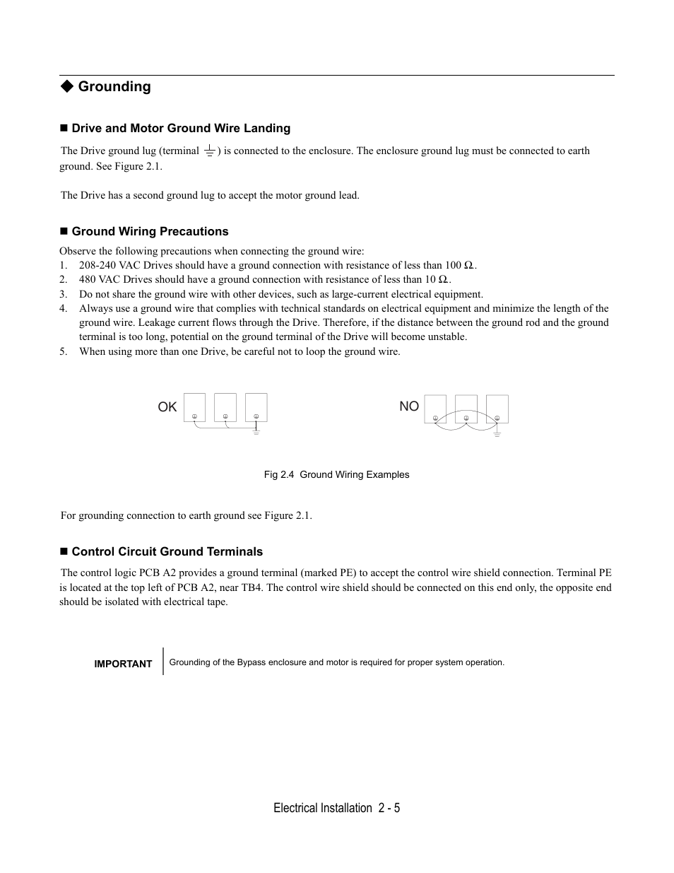 Grounding, Drive and motor ground wire landing, Ground wiring precautions | Fig 2.4 ground wiring examples, Control circuit ground terminals | Yaskawa E7L Drive Bypass User Manual | Page 37 / 302