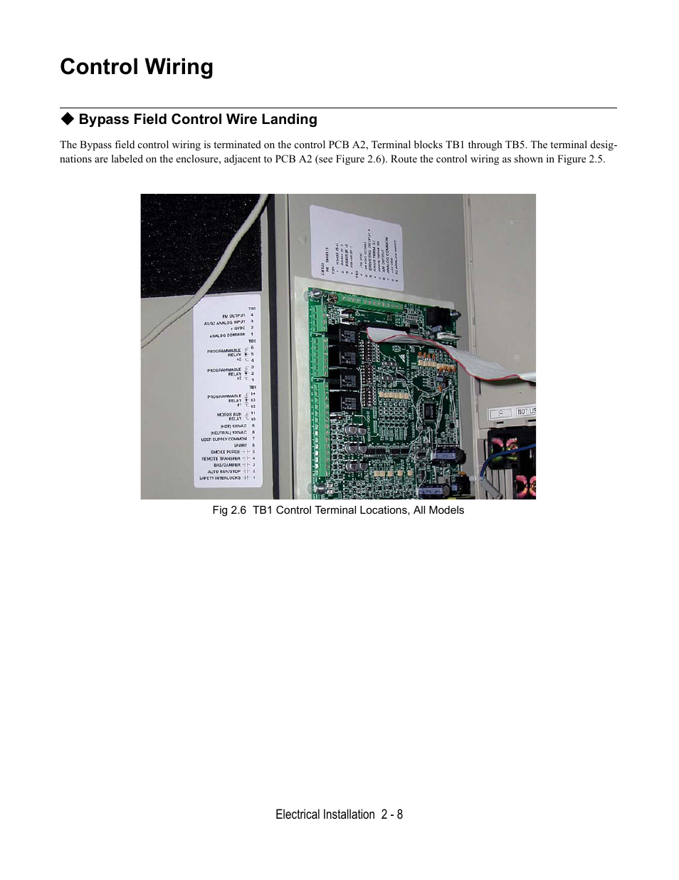 Control wiring, Bypass field control wire landing, Fig 2.6 tb1 control terminal locations, all models | Yaskawa E7L Drive Bypass User Manual | Page 40 / 302