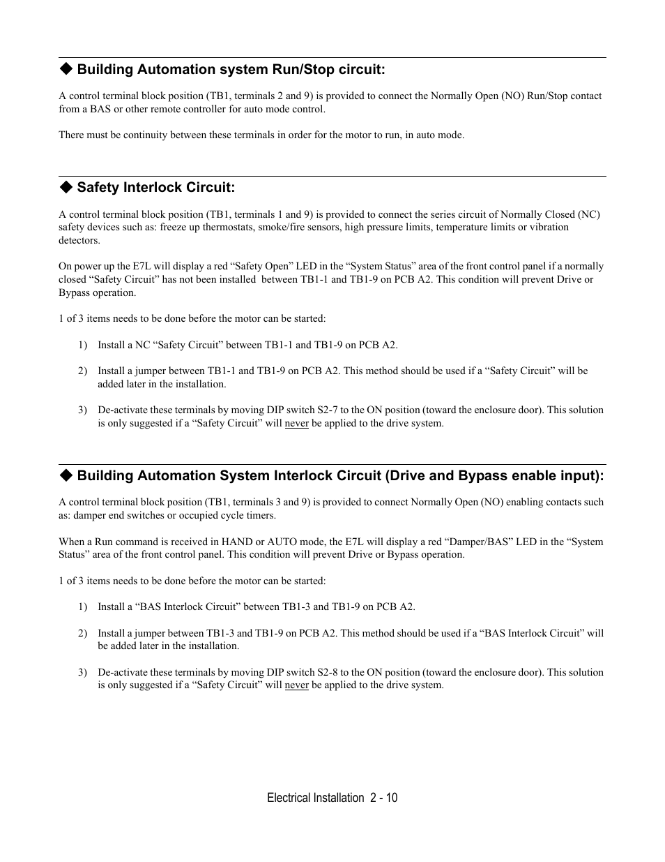 Building automation system run/stop circuit, Safety interlock circuit | Yaskawa E7L Drive Bypass User Manual | Page 42 / 302