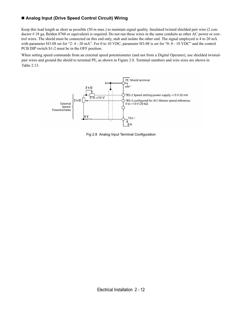 Analog input (drive speed control circuit) wiring, Fig 2.8 analog input terminal configuration | Yaskawa E7L Drive Bypass User Manual | Page 44 / 302