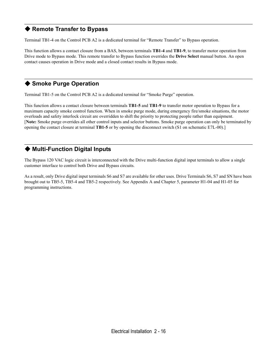 Remote transfer to bypass, Smoke purge operation, Multi-function digital inputs | Yaskawa E7L Drive Bypass User Manual | Page 48 / 302