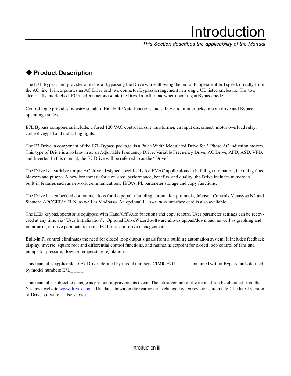 Product description, Introduction | Yaskawa E7L Drive Bypass User Manual | Page 5 / 302