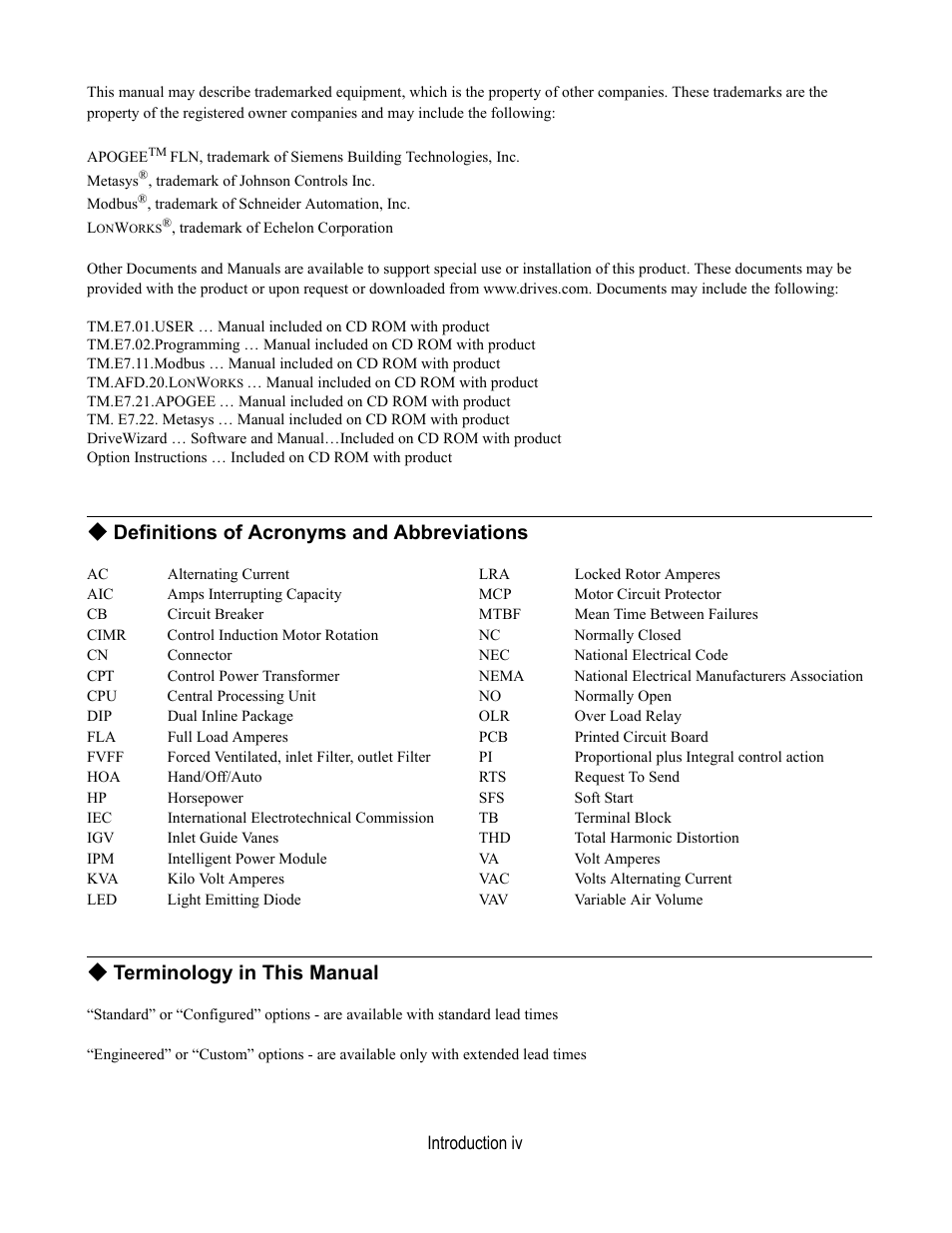 Metasys®, trademark of johnson controls inc, Modbus®, trademark of schneider automation, inc, Lonworks®, trademark of echelon corporation | Definitions of acronyms and abbreviations, Ac alternating current lra locked rotor amperes, Cb circuit breaker mtbf mean time between failures, Cn connector nec national electrical code, Cpu central processing unit no normally open, Dip dual inline package olr over load relay, Fla full load amperes pcb printed circuit board | Yaskawa E7L Drive Bypass User Manual | Page 6 / 302