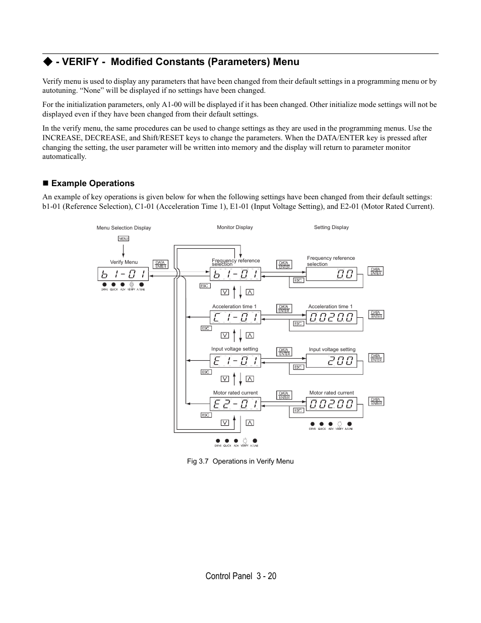 Verify - modified constants (parameters) menu, Example operations, Fig 3.7 operations in verify menu | Control panel 3 - 20 | Yaskawa E7L Drive Bypass User Manual | Page 76 / 302
