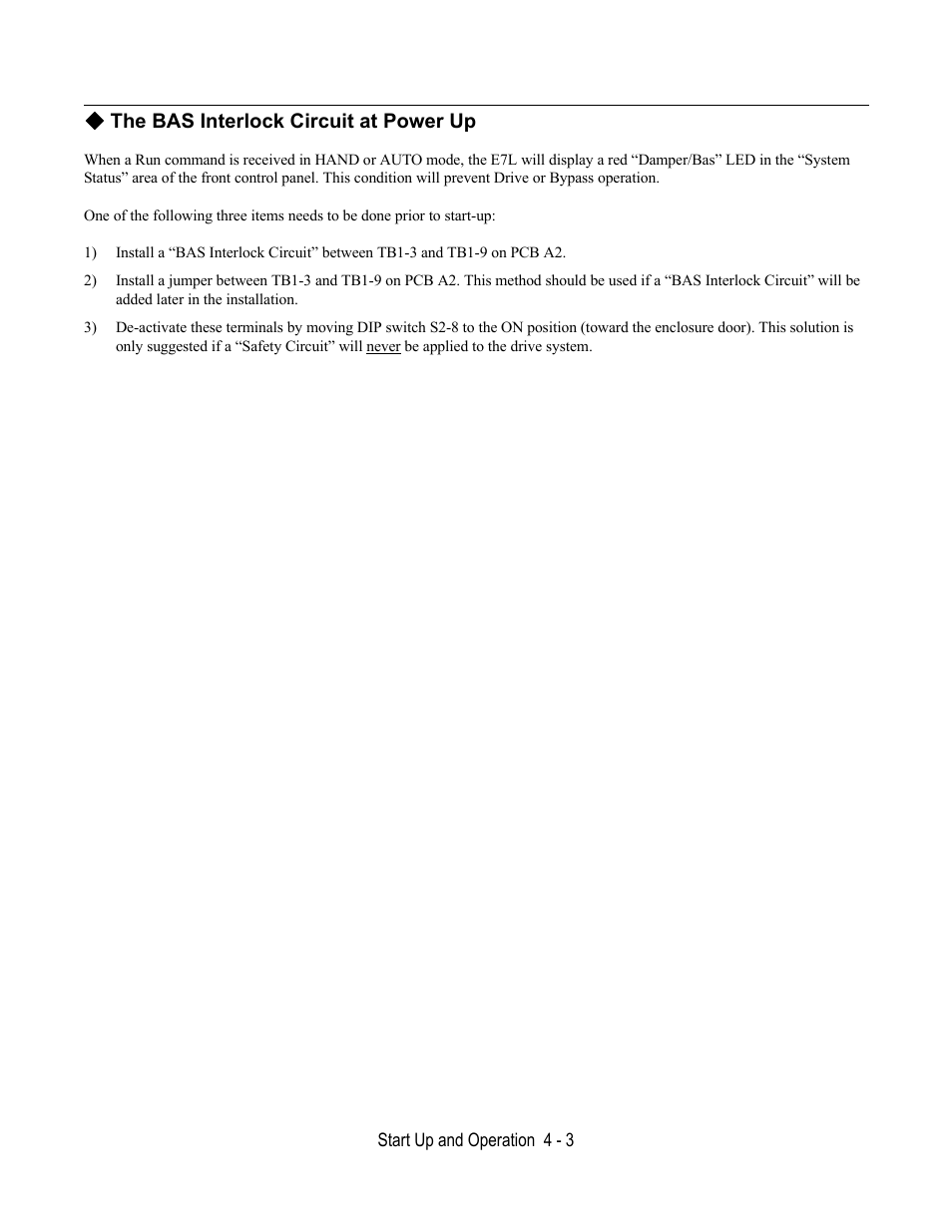 The bas interlock circuit at power up | Yaskawa E7L Drive Bypass User Manual | Page 81 / 302