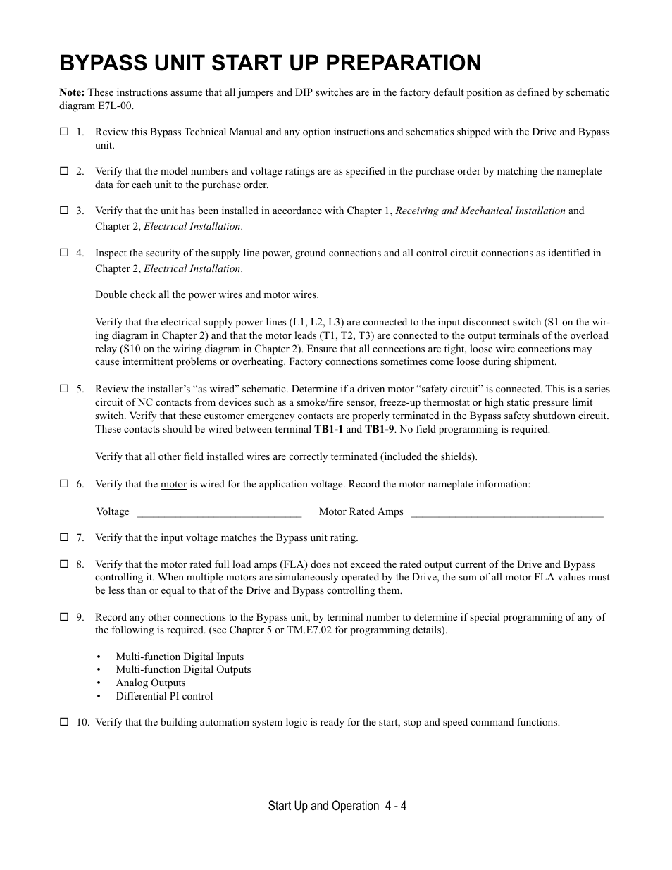 Bypass unit start up preparation | Yaskawa E7L Drive Bypass User Manual | Page 82 / 302