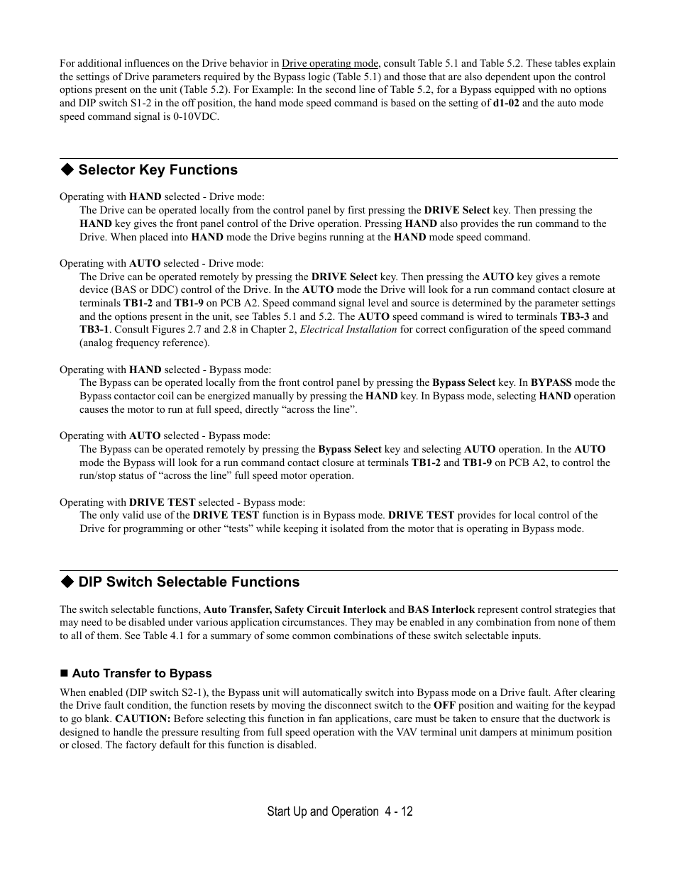 Selector key functions, Dip switch selectable functions, Auto transfer to bypass | Yaskawa E7L Drive Bypass User Manual | Page 90 / 302