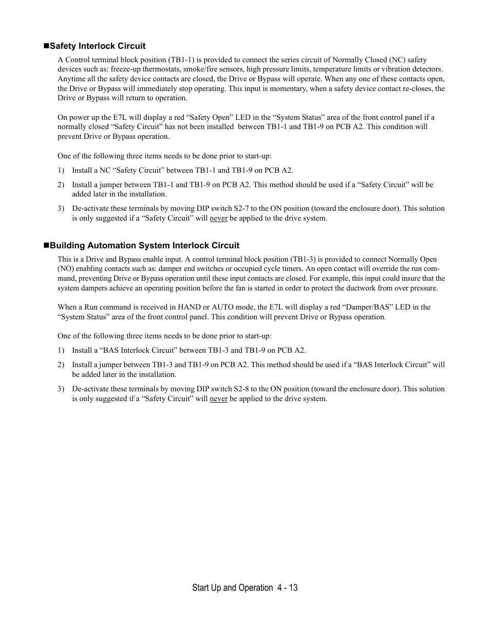 Safety interlock circuit, Building automation system interlock circuit | Yaskawa E7L Drive Bypass User Manual | Page 91 / 302