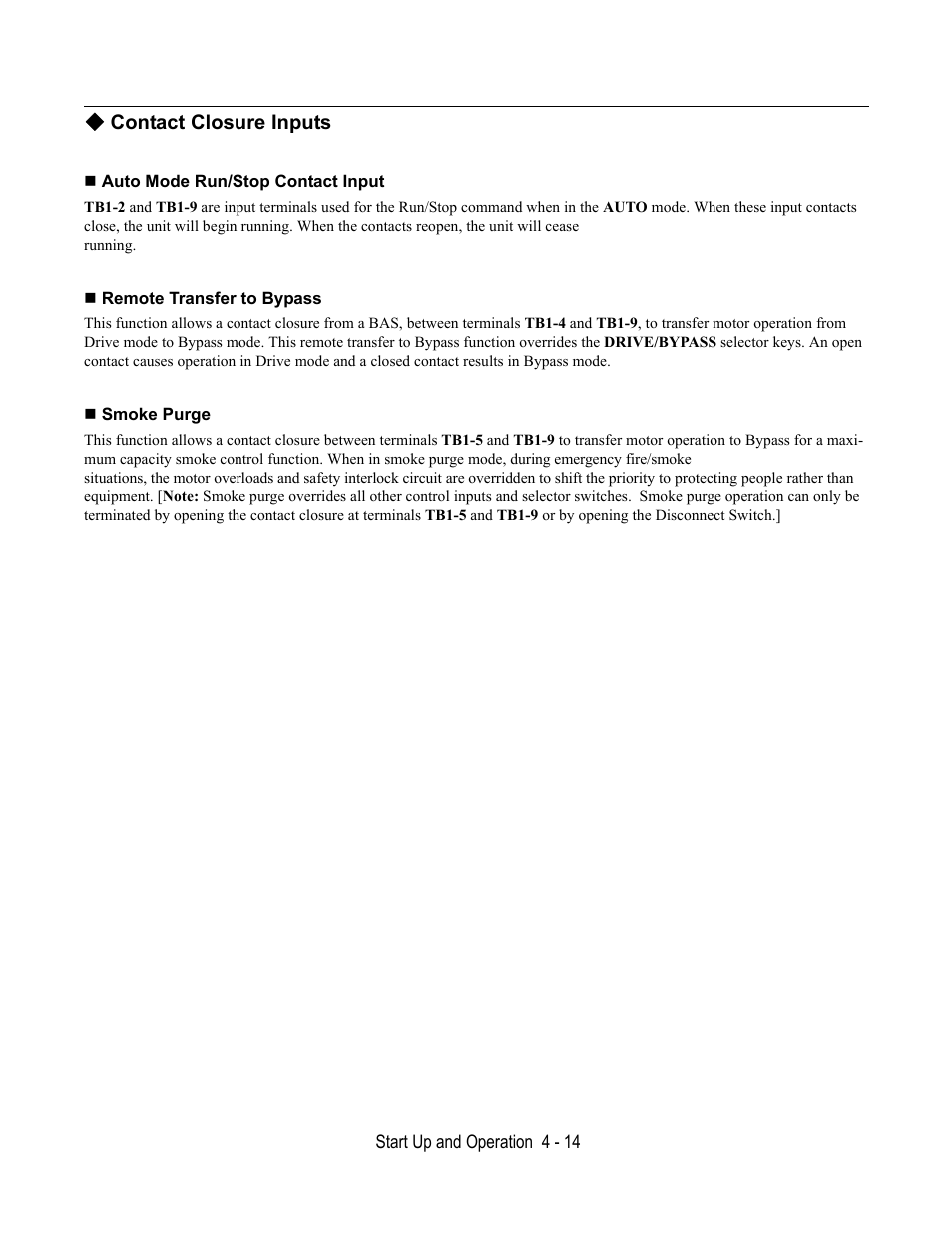Contact closure inputs, Auto mode run/stop contact input, Remote transfer to bypass | Smoke purge | Yaskawa E7L Drive Bypass User Manual | Page 92 / 302