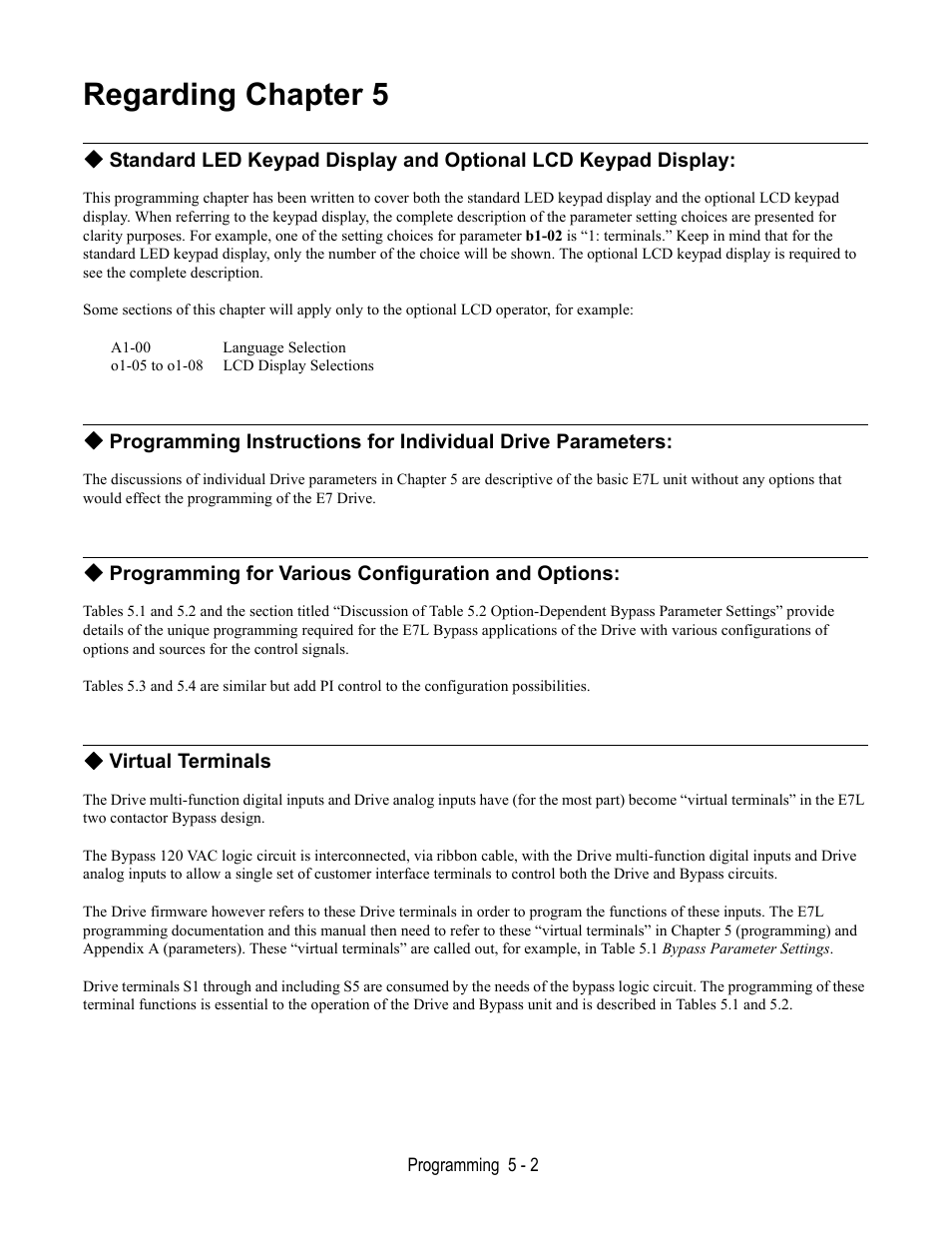 Regarding chapter 5, Programming for various configuration and options, Virtual terminals | Yaskawa E7L Drive Bypass User Manual | Page 94 / 302