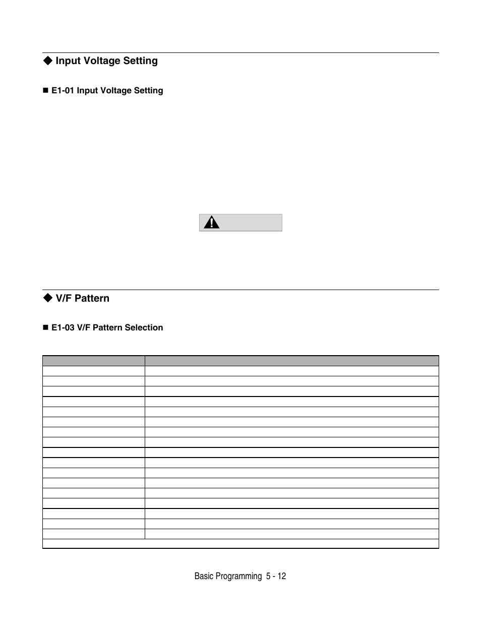 Input voltage setting, V/f pattern, Input voltage setting -12 v/f pattern -12 | Warning | Yaskawa F7 Drive User Manual User Manual | Page 113 / 255