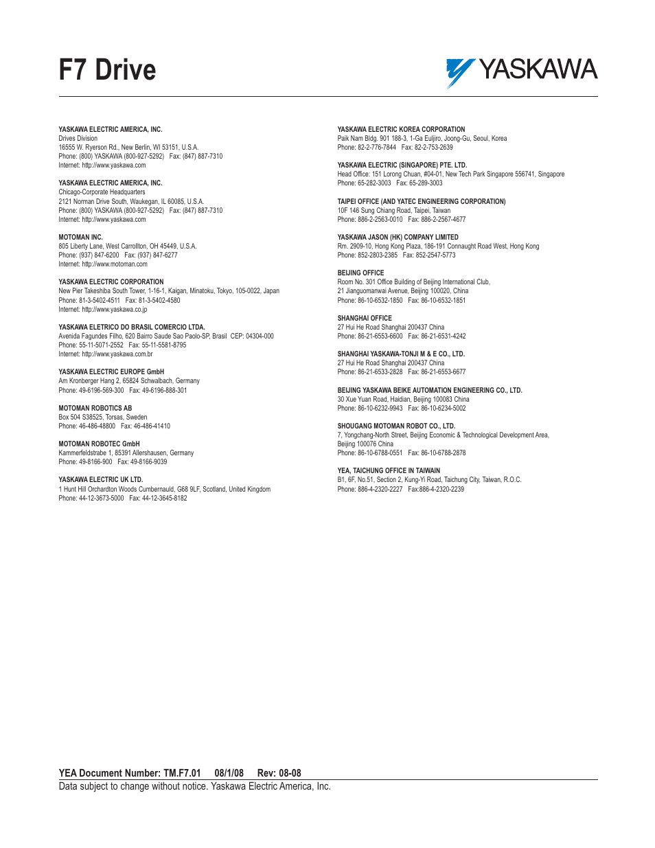 F7 drive | Yaskawa F7 Drive User Manual User Manual | Page 255 / 255