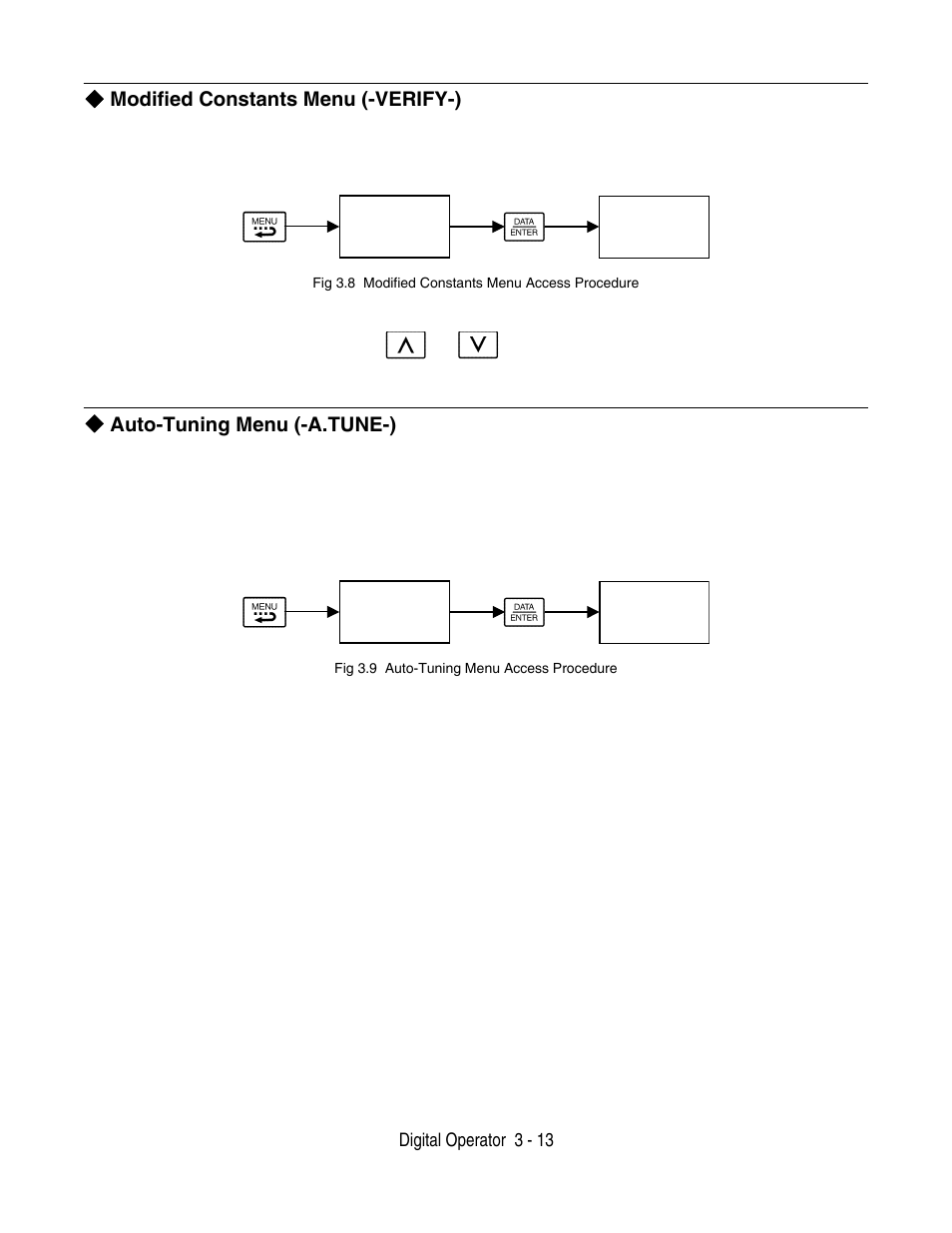 Modified constants menu (-verify-), Auto-tuning menu (-a.tune-), Digital operator 3 - 13 | Yaskawa F7 Drive User Manual User Manual | Page 82 / 255