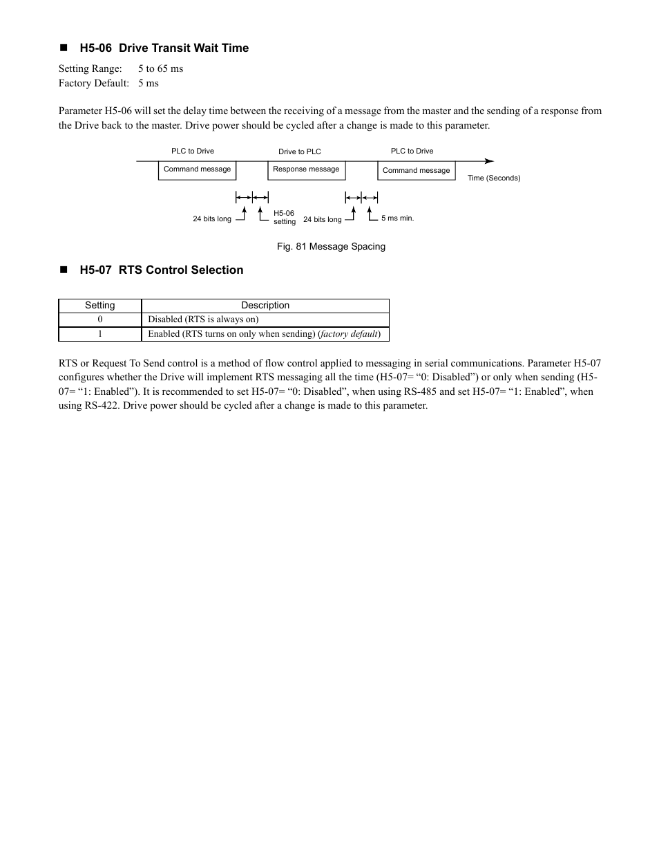 Programming 113, H5-06 drive transit wait time, H5-07 rts control selection | Yaskawa F7 Drive Programming Manual User Manual | Page 121 / 202