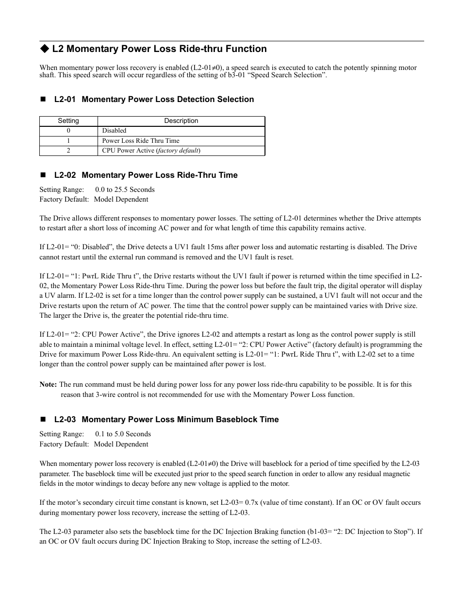 L2 momentary power loss ride-thru function | Yaskawa F7 Drive Programming Manual User Manual | Page 126 / 202