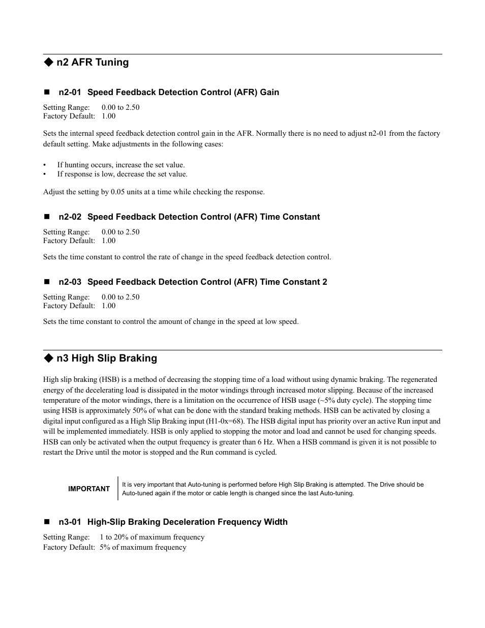 N2 afr tuning, N3 high slip braking | Yaskawa F7 Drive Programming Manual User Manual | Page 143 / 202