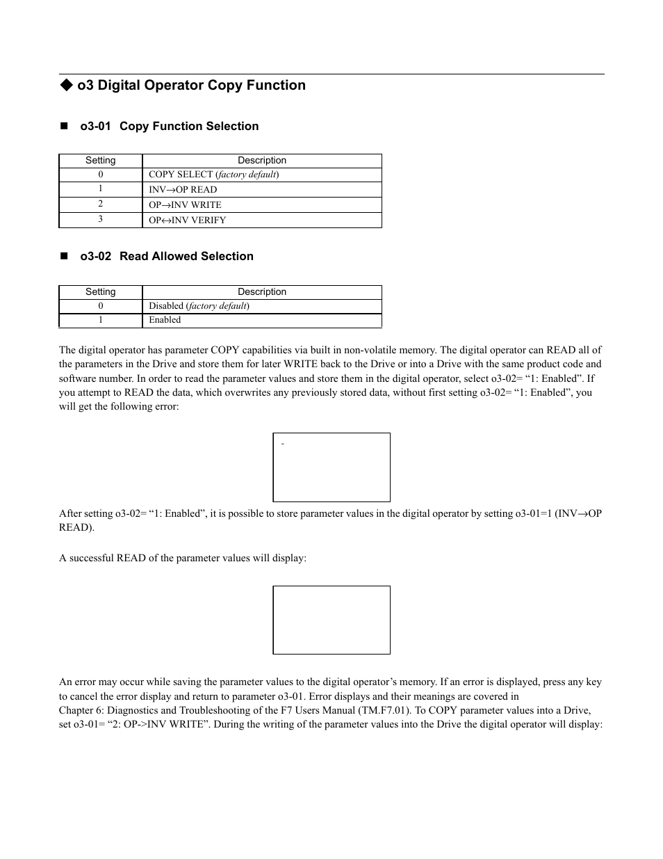 O3 digital operator copy function | Yaskawa F7 Drive Programming Manual User Manual | Page 153 / 202