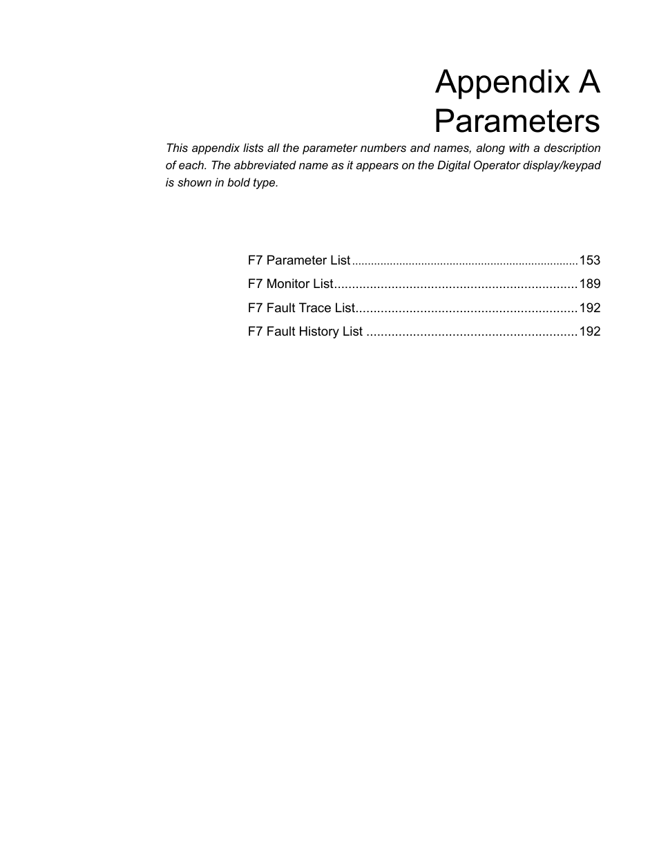 Appendix a, Parameters, Appendix a parameters | Yaskawa F7 Drive Programming Manual User Manual | Page 159 / 202